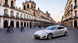 A Tesla's 'Model S Plaid' is racing at top speed, across the 'Plaza de la Constitución', in the city of Mexico. CINEMATIC. WIDE ANGLE LENS. PHOTO REAL.