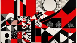 An abstract and geometric illustration by Malevich and Kuniyoshi of a red, black and white minimalist desert landscape.