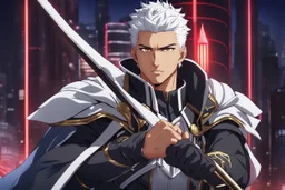 Shirou with black skin and white hair in 8k anime fate stay night drawing style, archer them, archer custom, close picture, neon, intricate details, highly detailed, high details, detailed portrait, masterpiece,ultra detailed, ultra quality