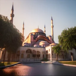 Sultanahmet cami spring, sunset, blue and sky, realistic, unreal engine 5, octane render, cinema4d