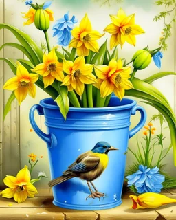 Gemini prompt: A beautiful watercolour painting of a bunch of daffodils in a vintage blue bucket. A robin bird stands beside the flowers. Blurred back ground. Hyper-realistic hyper-vibrant