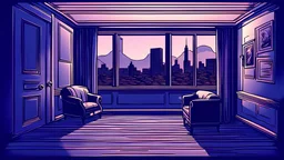 a dimly lit room in the illustration medium and in the style of comic book which inspired by works of James Montgomery Flagg, and blue color scheme and the view is front view in the era of ancient