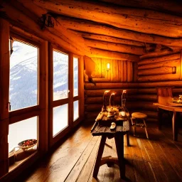 Mountain hut interior, five poeple eating, Austrian aesthetic, oil lamp, wooden floor, night time, 8k, HD, cinematography, photorealistic, Cinematic, Color Grading, Ultra-Wide Angle, Depth of Field, hyper-detailed, beautifully color-coded, insane details, intricate details, beautifully color graded, Cinematic, Color Grading, Editorial Photography, Depth of Field, DOF, White Balance, 32k, Super-Resolution, Megapixel, ProPhoto RGB, VR