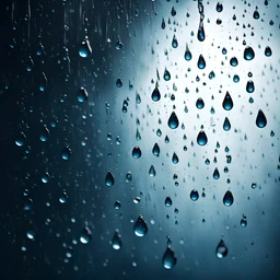 Hyper Realistic Blue Rain Drops & Droplets Texture on Glass with dramatic & cinematic ambiance