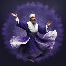 Hyper Realistic Sufi Whirling with Purple & White, Islamic Sufi Rustic Grungy navy-blue Patterned-Background at night with black fog & mini feathers around