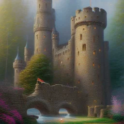 female bodybuilder, bokeh castle fortress, by thomas kinkade mark keathley terry redlin