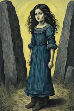 create a full body oil pastel of a dark haired, , raggedly dressed, savage vampire girl with highly detailed , sharply defined hair and facial features , in a dark circle of standing stones , in the style of JEAN-FRANCOIS MILLET and MARY CASSATT