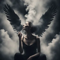 woman sitting forward Her face upward and blows cigarette smoke from their mouth upward. a figure with wings emerging from its back. behind the clouds of smoke look death. dark and mysterious