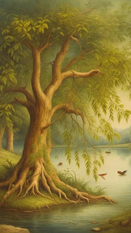 Bosch painting style , old willow tree by the river , a lovely ducks is swimming in the river