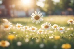 cute chibi smiling faced daisy flowers dynamically playing football in sunshine in sunshine, ethereal, cinematic postprocessing, bokeh, dof