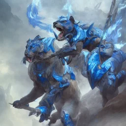 A Fantasy painting of an angry cougar in full blue and white armor, Inka jungle background, Blue fire coming out, highly detailed, digital painting, Artstation, concept art, matte, sharp focus, illustration, dramatic, art by artgerm and greg rutkowski and alphonse mucha