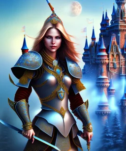 happiness world, castle background, warrior princess in front