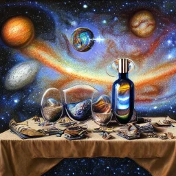 high-quality, fine-detail universe with milkyway in a bottle on a tablecloth, melted crayon drawing, artwork, 8k, intricate, detailed, illustration, brian froud, howard lyon, george grie, ben goossens, anna dittman, jeffrey robert, don marco