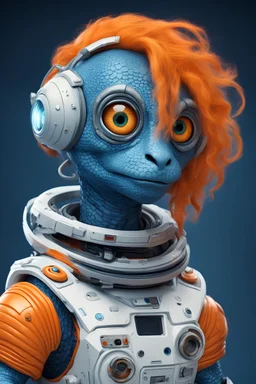 Astronauta reptil color azul, con ojos grandes, cabello anaranjado y con accesorios tecnológicos. Plano lejano. Universo de fondo.