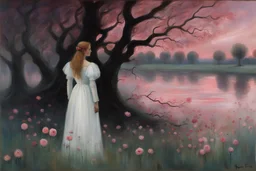 Creepy Night, trees, one woman in white dress, lake, pink flowers, gothic horror and disturbing influence, hans am ende and philipp franck impressionism paintings