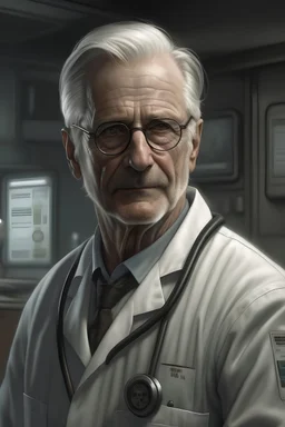 A submarine doctor in his mid 30's, german, white hair. Dr. Klaus Brandt, realistic grimdark