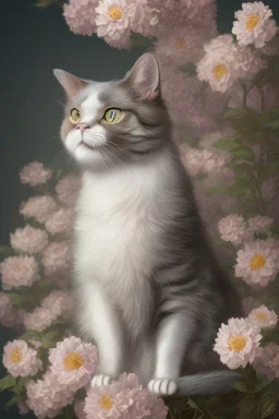 Victorian cat with white flowers, in the style of Camilla d'Errico, hyper detailed, beautiful, complex, trending on artstation, cinema4d, cryengine, national geographic photo, chiaroscuro