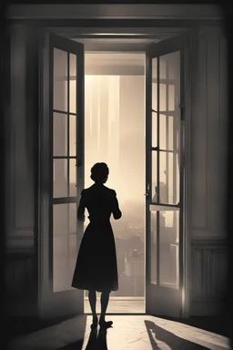 Movie poster, a woman overlooking Paris from her balcony behind her is a door and shadow figure watching her, light rays coming from the room and fading to darkness text on the floor saying "Just leave"