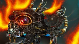 A face of a Terminator-style robot surrounded by flames reminiscent of hell