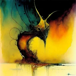 Strychnine Lovecraftian tadpole biomechanism, abstract surrealism, by Dave McKean and Zdzislaw Beksinski and Kay Neilsen, macabre mind-bending watercolor and ink illustration; warm colors, off-centered fragmented composition, dark shines war, acid burn colors