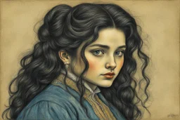 create a 3/4 profile full body oil pastel of a dark haired, , raggedly dressed, Romanian fortuneteller vampire girl with highly detailed , sharply defined hair and facial features , in the style of JEAN-FRANCOIS MILLET and MARY CASSATT