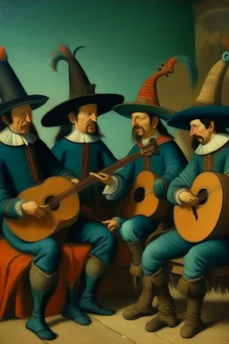 Bosch painting style, mariachi band of four musicians One play the trumpet and three plays the acoustic guitar wearing a maxsican hats