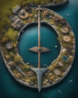 from above: In death's embrace, a Viking Yard lies in his drakkar, adorned with treasures and sword. Secrets linger beneath tranquil waters, waiting to be unveiled. The pressure mounts as I weave this Viking's tale, capturing adventure and mystery.