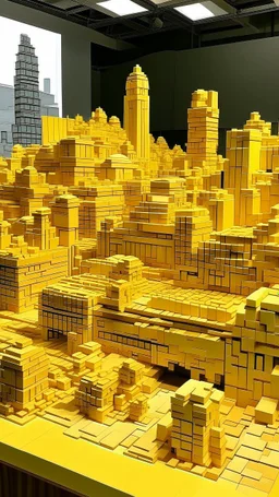 A golden yellow city made out of blocks painted by Cai Jia