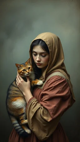 Hieronymus Bosch and Van Gogh styles , a woman holding her one cat looking at you In foggy smoky background