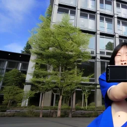 A short haired, Japanese female software engineer from Keio University taking a selfie in front of Building 92 at Microsoft in Redmond, Washington