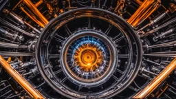 Award-winning colour photograph, amazing view inside the combustion chamber of an internal combustion engine while the engine is running.