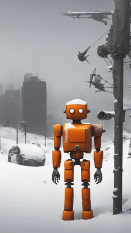 post apocalypse, close up shots, lov angles, a orange robot, snowy, foggy