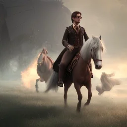 Full body, 3d render, Harry Potter 1800's men style, 1800's hair style, 1800's men clothes style, riding horse, hyper realistic, octane render, unreal engine 5, 8k, palace background, uhd