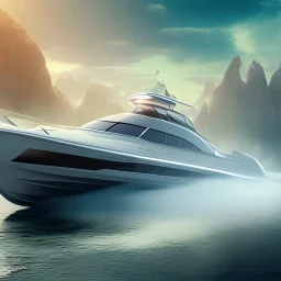 A beautiful speedboat in a beautiful lake, 4K, 8K, 16K, 3D, crazy details.