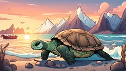 A turtle on the seashore with a white bear, behind them a fishing boat with mountains and a beautiful sunset. Style cartoon
