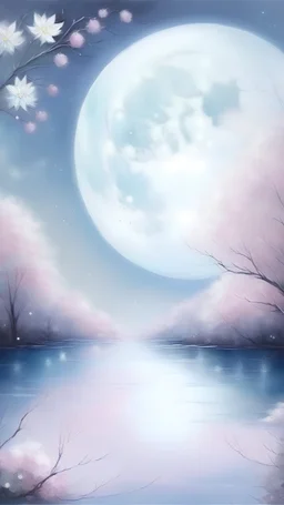 Paint a serene scene of a moonlit night, where soft hues of pink embrace the sky, casting a gentle glow over a tranquil landscape. Describe the moon's reflection on a calm body of water and the subtle rustle of leaves in the peaceful night breeze.