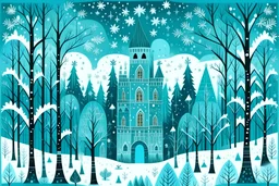 A cyan castle in a winter forest with falling snowflakes designed in German folk art