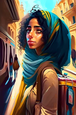 Beautiful tense Egyptian girl who likes to travel. She travels to Hamburg. The warm suitcase. The roads are noisy, veiled, crowded, summer colors.