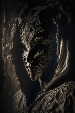 An intriguing, chiaroscuro-style portrait of a mysterious figure wearing a Venetian mask, shrouded in shadows and a dramatic play of light and dark, capturing the enigmatic aura and the intricate details of the ornate mask.