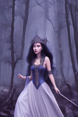 A princess in a dark indigo dress and very long black hair walks through a dark forest full of trees with her knight