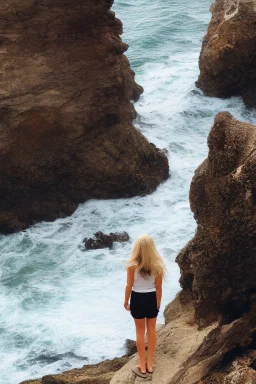 blonde woman standing at the edge of a cliff waves crashing against the rocks below