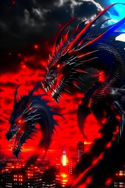 black dragon and red dragon facing each other with glowing eyes on top of a high rise building dark fantasy