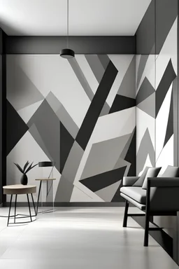 Create handpainted wall mural with dynamic triangles intersecting and overlapping, capturing the essence of Suprematist geometry. Use shades of gray to create depth and dimension."