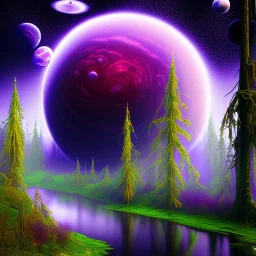 rainy forest with a purple planet over the land