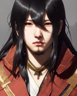 Detailed sad male anime boy with long brown hair, intricate details, full body portrait, keep head in frame, slight, black Japanese motif, concept art, highly detailed, digital painting, concept art, sharp focus, illustration, art by Yoji Shinkawa, WLOP and greg rutkowski and alphonse mucha and artgerm and yanjun Chen and Junji ito and Makoto Shinkai, HDR, octane render