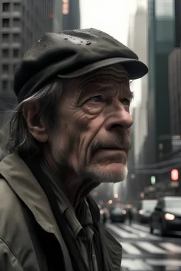 Crea un primer plano hombre en new york, con una mirada perdida, en un mundo apocalíptico.