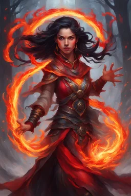 Capture the fierce essence of a female Paladin Druid, her eyes resembling fiery orbs, shining with a bright and intense red glow as she adeptly conjures flames with her hands. Bright black, half-braided hair appears to dance like flames when moved, radiating an ethereal fire. Clad in lightweight magical armor, she forgoes heavy protection, relying on her mastery of magic and fire. A prominent scar on her face tells tales of battles faced and conquered, all against the canvas of her tanned skin