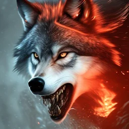 Wolf, Monster, horror, huge, red, orange, fire, blood, gore, teeth, 8K, cinematic lighting, sharp focus, masterpiece, expert