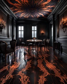 ractal pattern burned into a lavish dining room dark hard wood floor using the Lichtenberg technique in the style of, sinister, gore, morbid, horror, eerie, dark fantasy; HDR, UHD, TXAA, 8k, Ralph Steadman, Seb Mckinnon, impressionism, dadaism, surrealism