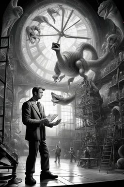 news muscle scientist journalist harlequin playing geese dinosaur reptiles in very bright light bulb factory on the docks with twisted ladders with the most a confused look on his face in front of a huge glass prism clock with angels, in the style of Escher and Giger